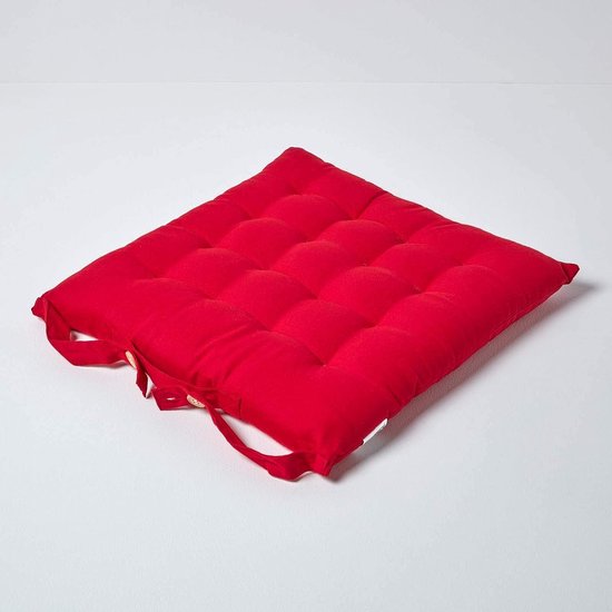 Set van 4 stoelkussens 40 x 40 cm, rood, zitkussen met bandjes en knoopsluiting, effen kussens voor stoelen met overtrek van 100% katoen en zachte polyester vulling