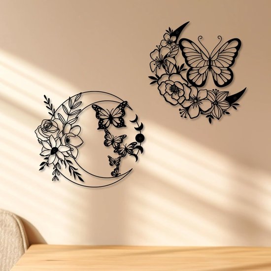 Maanvlinder metalen wanddecoratie, Boho muurkunst, bloemen muurkunst, hangende sculptuur voor binnen, woonkamer, slaapkamer, gangen, keuken en buiten, tuin, tuin, hekdecoratie