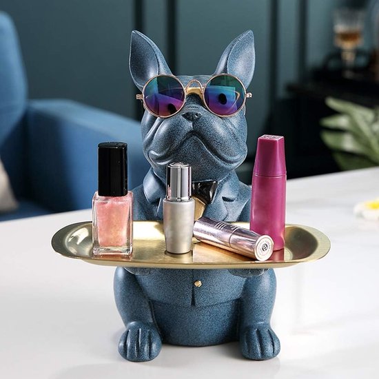 Bulldogge Tablett Deko Französische Bulldogge Dekofigur Tierskulptur Hunde Skulptur Harz Deko Skulptur Desktop Ornament 23.5x20x19cm (Blau)