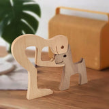 Familie Puppy Kat Houtsnijwerk Ornamenten, Natuurlijk Massief Hout Schattige Puppy, Kitten en Mensen Ambachten Standbeeld Sculptuur Ornament Home Decor (Mannen Kiss Puppy)