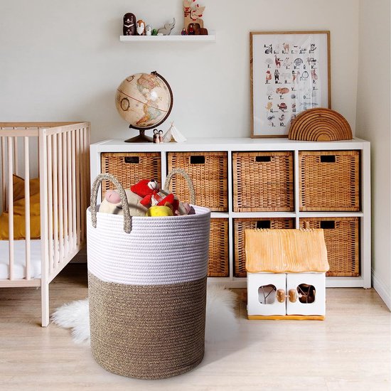 Wasmand met handvat, 58 liter, speelgoedopslag, opbergdoos gevlochten, grote wasmand voor de kinderkamer (bruin, D 38 x H 50 cm)