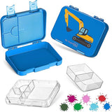 Len bento Box lunchbox voor kinderen, met 4 + 2 vakken, extreem robuust, brooddoos, ideaal voor kinderopvang en school (blauw, graafmachine)