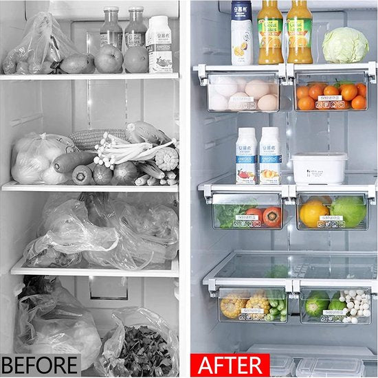 Koelkastorganizer, doorzichtige koelkastopbergdoos, uittrekbare instelbare koelkastbox met handvat, koelkastlade-organizer voor koelkast, kasten, voorraadkast