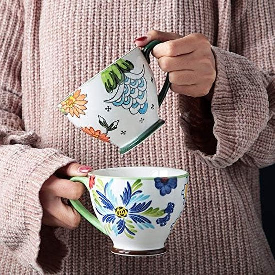 Handgeschilderde mok 350ml - Flower Art kopje koffie kopje oud ontwerp hoge kwaliteit porseleinen mok met gouden lepel (geel)