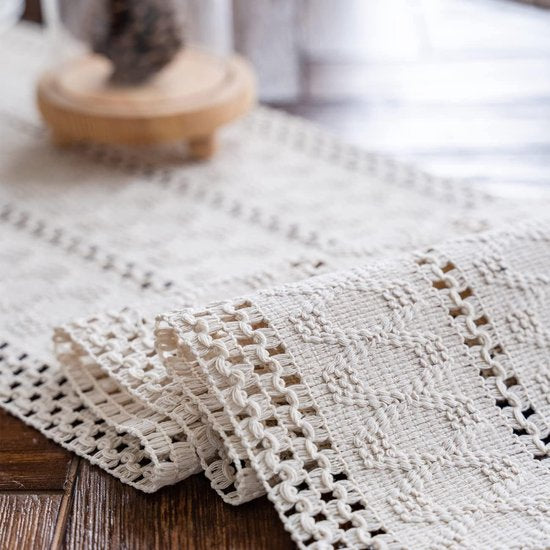 Beige macramé tafelloper boho katoenen vlas tafelloper met kwastjes, rechthoekig gehaakt kant mesh tafelkleed voor keuken vintage boerderij Boheemse bruiloft tafeldecoratie 30x180cm