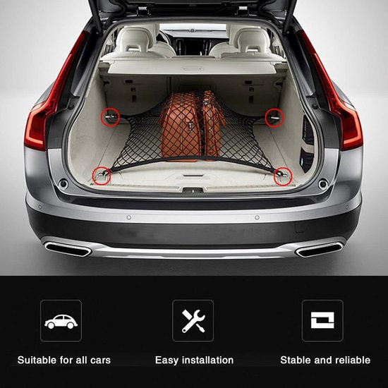 Kofferbaknet, bagagenet voor de auto, 80 x 60 cm, strekt zich uit tot 160 x 120 cm, universeel auto-net met 4 massieve haken, nylon super elastisch kofferbaknet, bagagenet