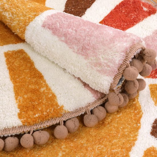 Boho rond zonnekleed 90 cm, vintage zacht badkamertapijt met pompons, antislip wasbare laagpolige tapijten, voor slaapkamer, kinderkamer, badkamer, woonkamer, entree, binnen