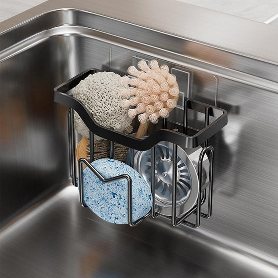 Sponshouder Keuken Vaatdoek Houder 3-in-1 Gootsteen Organisator, Keuken Organisator Gootsteen Organisator Roestvrij Staal Keukengerei Organisator Keuken voor Spons Wasmiddel Borstel (Zwart-S)