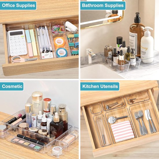 Lade-organizer, 8-delige kaptafel-organizer voor lade met 4 maten, bureaulade-organizer-systeem, plastic make-up-organizers, voor cosmetica, keuken, badkamer, kantoor