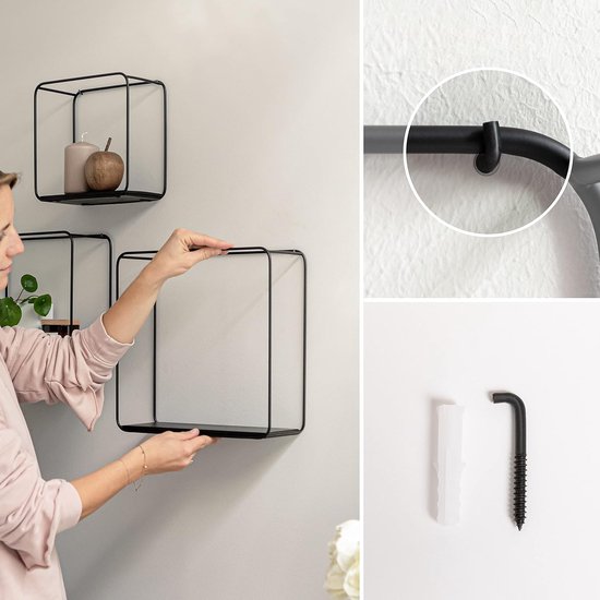 Wandrekset, 3-delig hangrek van metaal en echt hout Veneer, wanddecoratie en plank voor badkamer, woonkamer, keuken, slaapkamer en meer, mat zwart