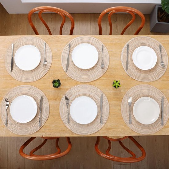 Set van 6 ronde geweven katoenen handgemaakte placemats afveegbare placemats glitter voor vakantiefeest, bruiloft