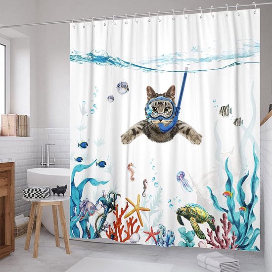 Shower Curtain Diving Cat Ocean Print Turtle Fish Starfish Waterproof Bath Curtain Durable Polyester 180 x 180 cm Modern Bathroom Decoration Accessories Comes with 12 Shower Curtain Rings