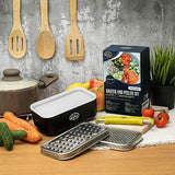 Rasp roestvrij staal en doos met deksel en schilfer, opbergdoos met beschermende rubberen voeten, keukenrasp kaasrasp groentenrasp ideaal voor kaas- en fruitliefhebbers, zwart