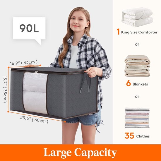 , Large Clothes Storage Bags with Reinforced Handle, Modern Fabric Quilt, Blankets, Bedding Organiser, Foldable Breathable, Grey, 6 Pack