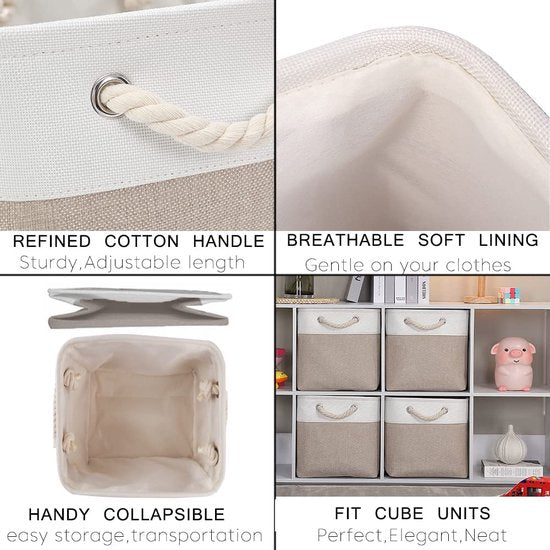 Opbergdoos stof, opbergmand Karki creme, manden stof in blokjes (30x30x30 cm) voor kast, plank en kleding, (opvouwbaar, 3-pack)
