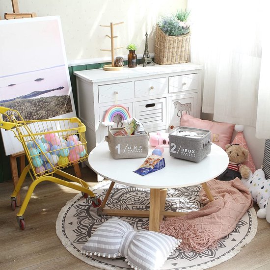 mini vierkante grijze en witte themamanden, opbergmanden van 100% linnen en katoen, opbergmanden voor planken en bureaus, set van 4