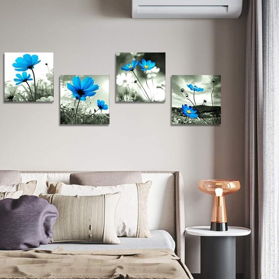 4-delige canvasafbeeldingen met blauwe bloemenmotief, kunstdruk, moderne muurfoto voor badkamer, woonkamer, wanddecoratie - 30 x 30 cm