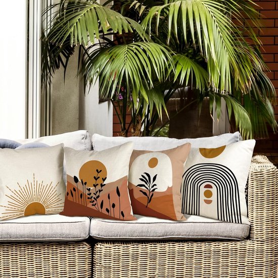 Kussensloop 50 x 50 cm, set van 4 outdoor kussens, sierkussens, linnen, kussenhoezen, geometrisch patroon, kussenhoezen voor bank, woonkamer, sierkussen, 50 x 50 cm