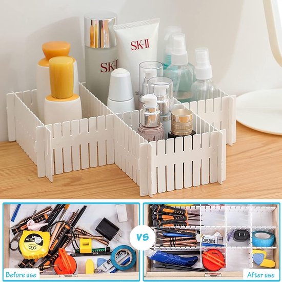 Ladeverdelers, lade-verdelers, ladeverdelers, verstelbare lade-organizer, witte scheidingswanden, lade-inzet voor ondergoed, sokken, cosmetica, slaapkamer, kantoor, doe-het-zelf, 37 cm, 16 stuks