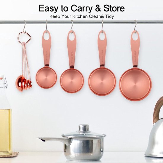 Maatbekers en maatlepels, 8 stuks, roestvrijstalen handgreep met metrische en Amerikaanse maten, goudgepolijst oppervlak, maatbeker voor droge en vloeibare ingrediënten, voor bakken en