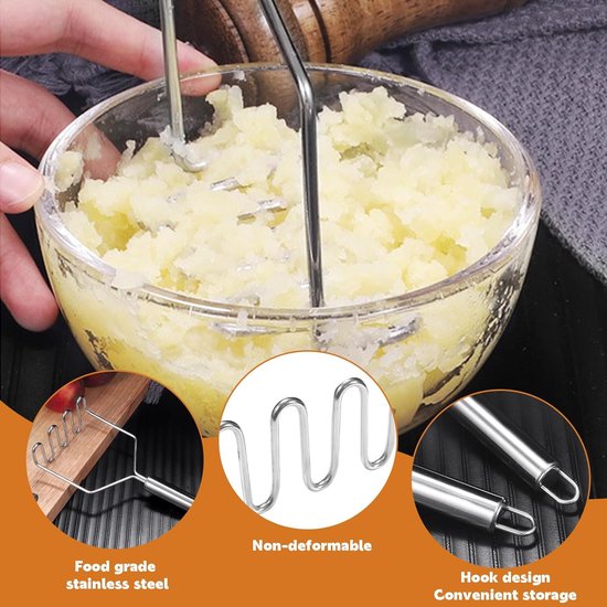 2 stuks aardappelstamper, roestvrijstalen aardappelstamper, keukenaardappelstamper, groentestamper, aardappelpers, voedselstamper, keukenhulp voor aardappelpuree, groenten en fruit