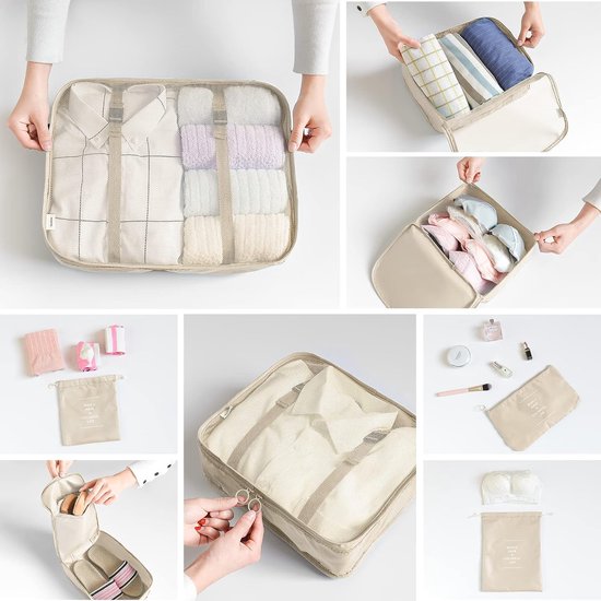 Packing Cubes, kofferorganizer, kledingtassen, schoenentas, reisorganizer, verpakkingskubus, cosmetica, reisorganizer, paktassen voor koffer (8-delig, beige)