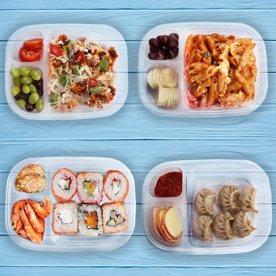 Belle Vous 10Pak Helder Herbruikbaar Plastic Voedsel Containers met 3 Vakken en Deksel - Lekbestendig, BPA Vrije Opslag Bakjes - Magnetron, Diepvries & Vaatwasser Bestendig - Meal Prep Lunchboxes