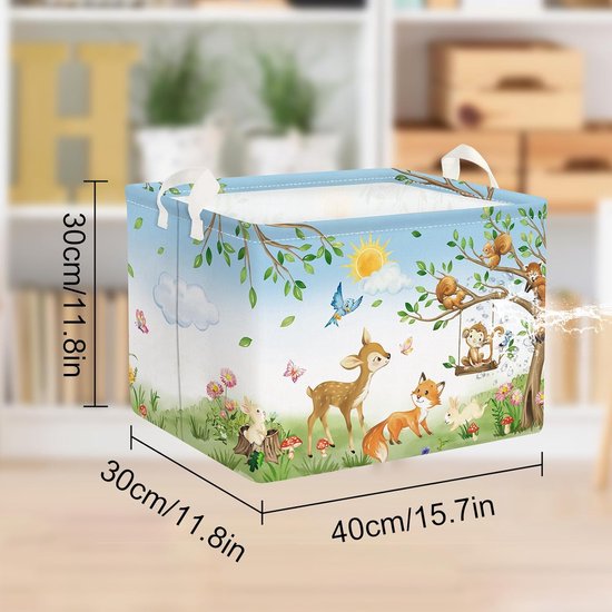 Bossen dier aap vossen herten kubus opbergmand wasbeer haas bloemen bomen waterdicht rechthoekige stof opbergmand kleding speelgoed opbergdoos, 40 x 30 x 30 cm