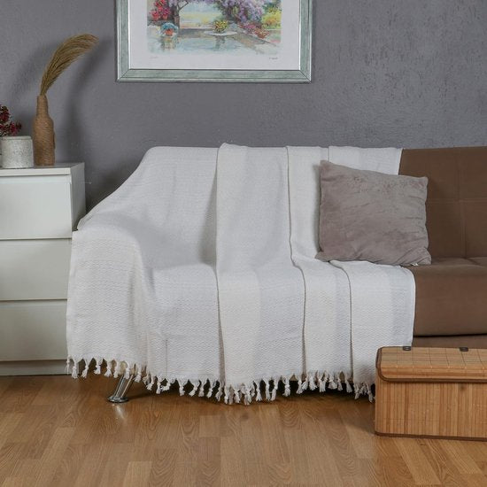 Sprei voor eenpersoonsbed, wit, katoen, banksprei, bankdeken, knuffelige tv-deken, bankdeken, fauteuildeken, omkeerbare deken, bedsprei, bankhoes, zomerdeken, 150 x 200 cm