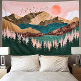 Wandtapijt Bos Boom Bergen Wandtapijt Doek Zonsondergang Wanddoek Muurophanging Landschap Zon Decoratie voor Kinderkamer 150 x 130 cm