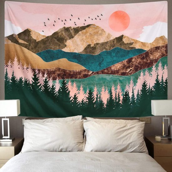 Wandtapijt Bos Boom Bergen Wandtapijt Doek Zonsondergang Wanddoek Muurophanging Landschap Zon Decoratie voor Kinderkamer 150 x 130 cm