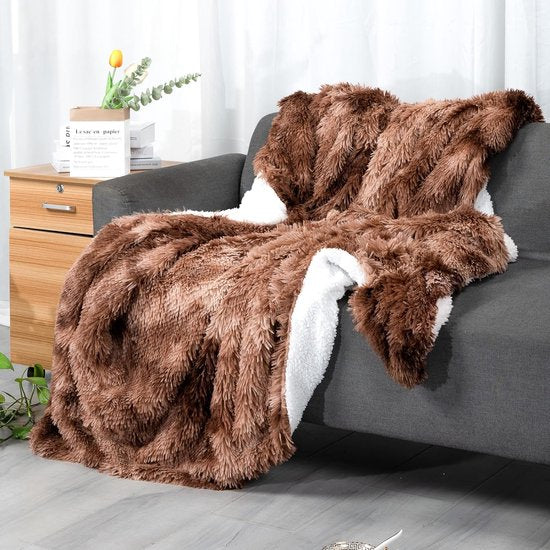 Kunstbont deken – stropdaskleuring in kaki Sherpa schapendeken – comfort luxe pluizige knuffeldeken – zachte deken voor bank en bed - 130 cm x 160 cm