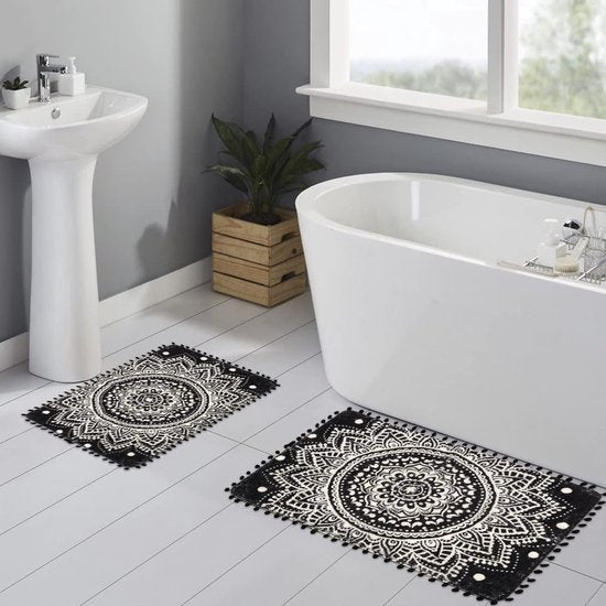 Kleine badkamertapijten Mandala zachte deurmat met pompomfranjes kleedjes antislip pluizig tapijt voor entree bad wastafel slaapkamer (zwart, 60 x 90 cm)