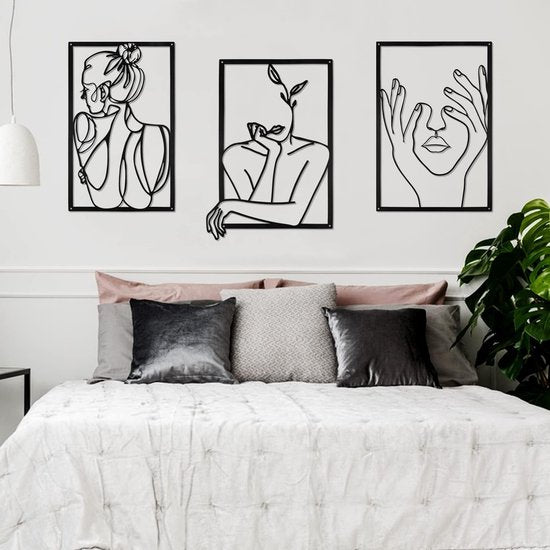 3 stuks zwarte wanddecoratie van metaal, minimalistische wanddecoratie kunst, moderne abstracte vrouwelijke lichaamsdecoratie voor slaapkamer, woonkamer, badkamer, balkon, galerij
