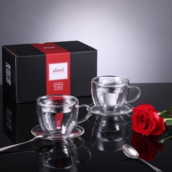 Dubbelwandige espressokopjes, 150 ml, set van 2, koffieglazen, theeglazen met handvat en schotel, hartmok voor melk, sap, cadeau voor vrouwen, vriend/in paren voor verjaardag, bruiloft,
