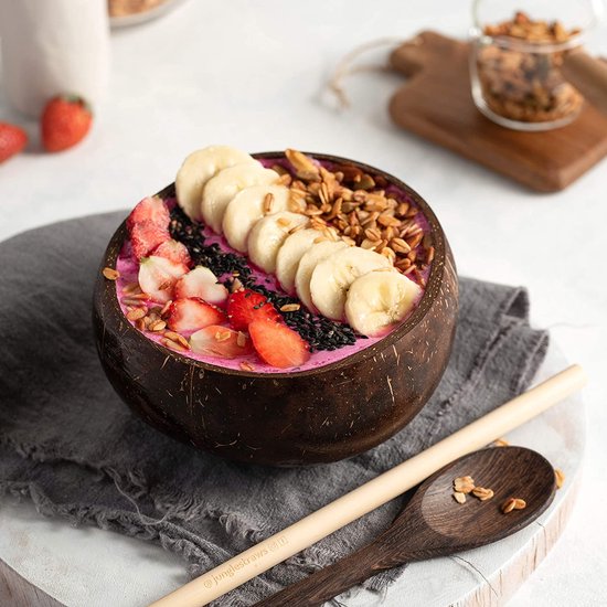 Coconut bowl set van 2 met houten lepels & bamboe rietjes • Natuurlijk, vegan plasticvrij alternatief • Coconut bowl bowl set, handgemaakt met kokosolie gepolijst • Coconut bowls