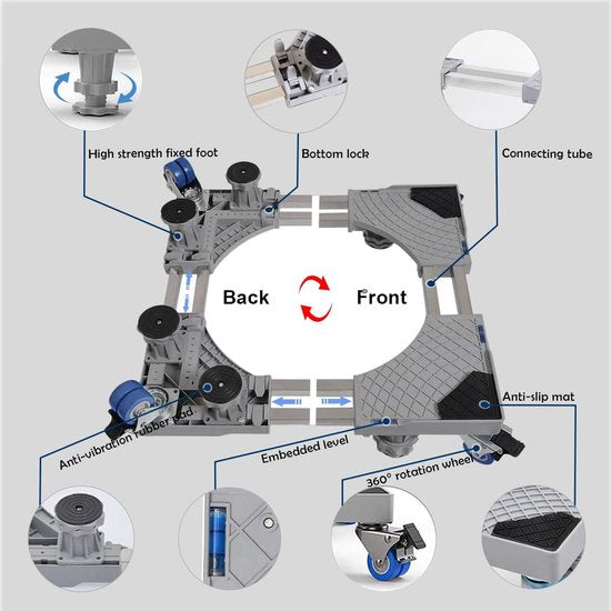 Onderstel voor wasmachine, dubbele buizen, 8 poten en 4 wielen voor wasmachine, koelkast en droger, verstelbare wasmachinesokkel met antislip schokdempingsfunctie