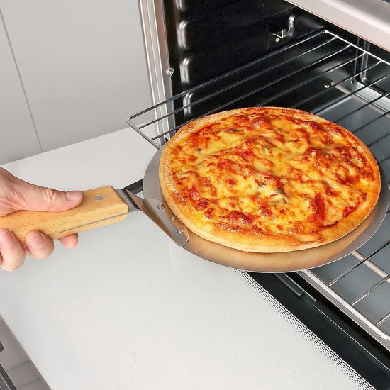 Pizzaschuiver, pizza schep metaal met houten handvat en roestvrij stalen metalen dienblad voor zelfgemaakte pizza's, gebak, deeg, brood, gebak enz. Heavy Duty ovenschuiver, 25 cm