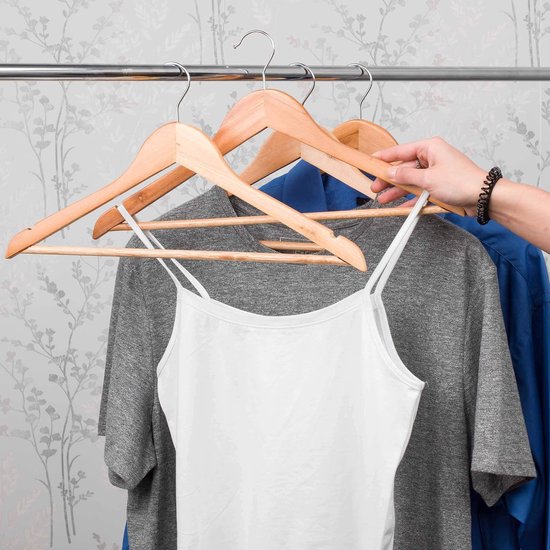Houten kleerhangers, sterke kledingroedes en kleerkasten, kleerhangers met zoombinder, ruimtebesparende, antislip kleerhangers voor overhemden/pak, hout