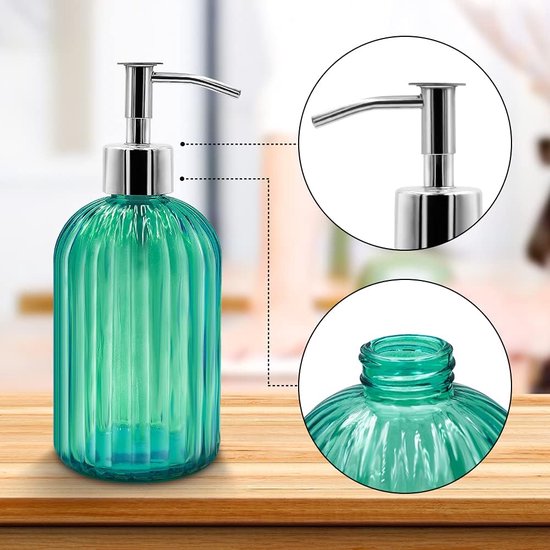 Set van 2 zeepdispensers glas met pomp, 400 ml vloeibare zeepdispenser voor afwasmiddel, shampoo en lotion, navulbare zeepdispenser voor keuken, badkamer, wasruimte (groen)