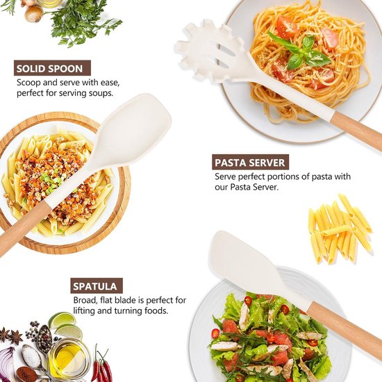 6-delige set kookgerei, van siliconen, hittebestendig, met houten handvat, anti-aanbaklaag, BPA-vrij, kookgerei, vaatwasmachinebestendig, inclusief spatel, lepel, pastamper (wit)