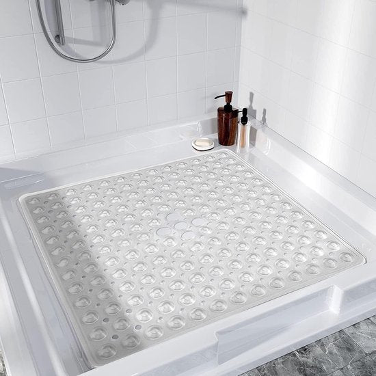 Douchemat, antislip, met zuignappen, veilig, schimmelbestendig, douchemat met afvoergaten, antislipmat, douche, BPA-vrij, machinewasbaar, 53 x 53 cm, transparant