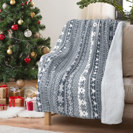 Bankdeken met dubbel micropluche sherpafleece, superzacht, geschikt voor alle seizoenen, pluizig pluche, knuffelig, dikke bankspreien, bloemmotief/grijs, 150 x 130 cm