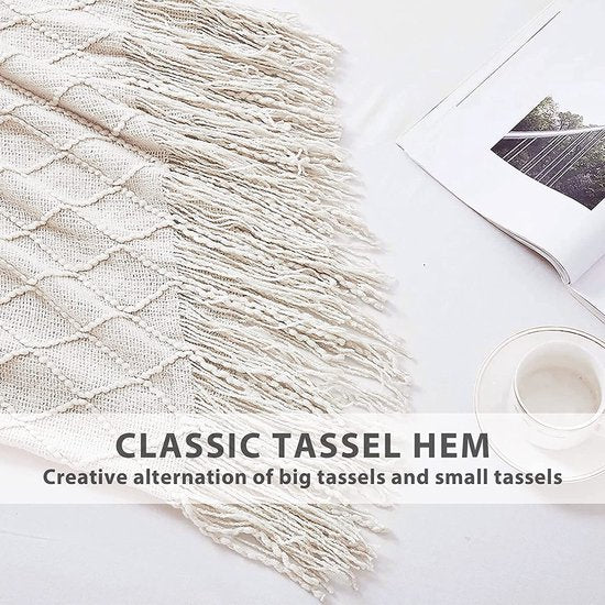 Gebreide deken met kwast, effen, geometrisch patroon, knuffeldeken, gebreide deken, sprei, bankdeken, decoratieve deken voor bank, bed, 170 x 130 cm