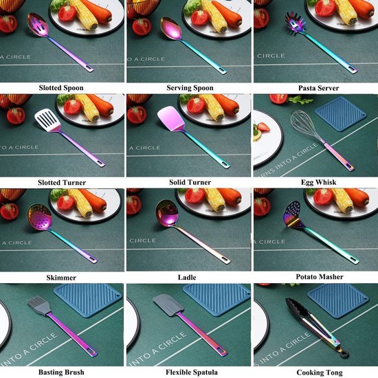 Regenboog keukengereiset, 13-delige roestvrijstalen kookgereiset met titanium regenboogcoating, keukengereiset met bestekhouder voor antiaanbakpannen (13-packs)