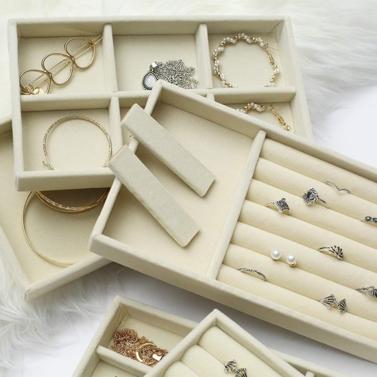 8 stuks sieradentrays, sieradenorganizer voor lade, sieradenopslag voor oorbellen, ring, armband, halskettingen, beige