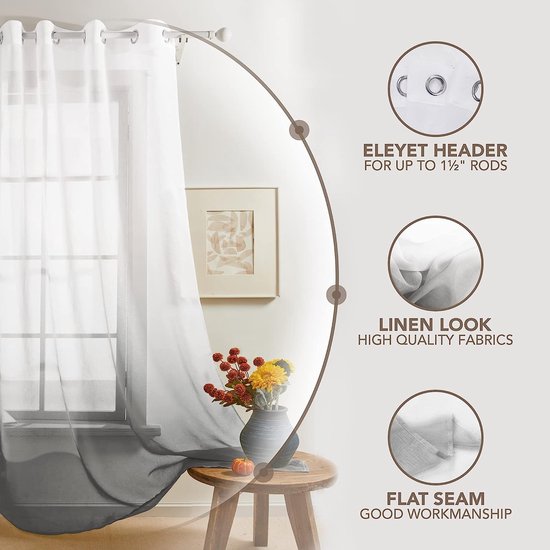 Transparant voile gordijn voile met oogjes, 260x140 cm (hoogte x breedte), donkergrijs, set van 2