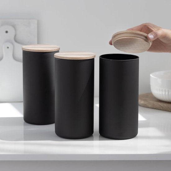 3 zwarte glazen voorraadpotten met houten deksel, luchtdicht, 1385 ml, glazen containers, voorraadpotten, thee, ontbijtgranen, voorraadpot, koffiebonen, containers, kruidenpotjes, voorraadpot, matzwart