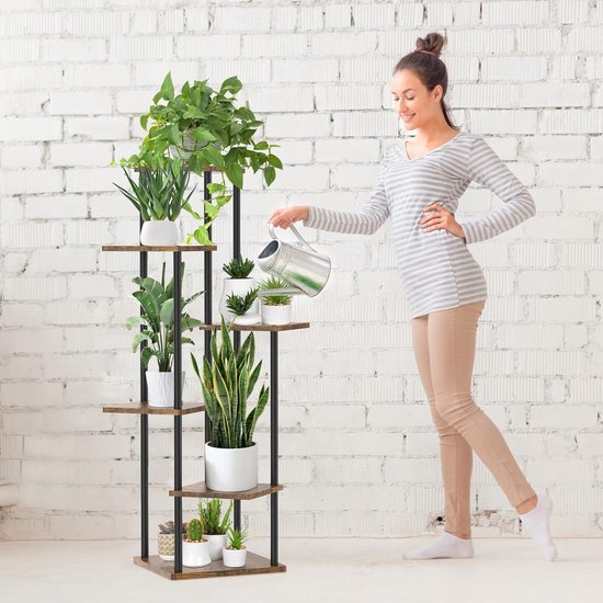 6-laags houten metalen plantenstandaard binnen buiten 115 cm hoek bloemenplank plantenplank voor meerdere planten, bloemenstandaard plantentrap voor buiten balkon tuin woonkamer (zwart)