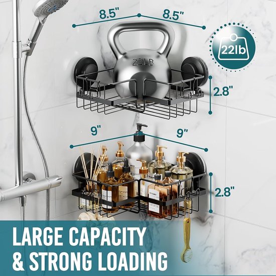Corner Shower Caddy Suction Cup Shower Shelf No Drilling Shower Corner Basket Suction Heavy Duty Max Hold 10 kg for Bathroom & Kitchen Corner Shower Rack Black in Iron